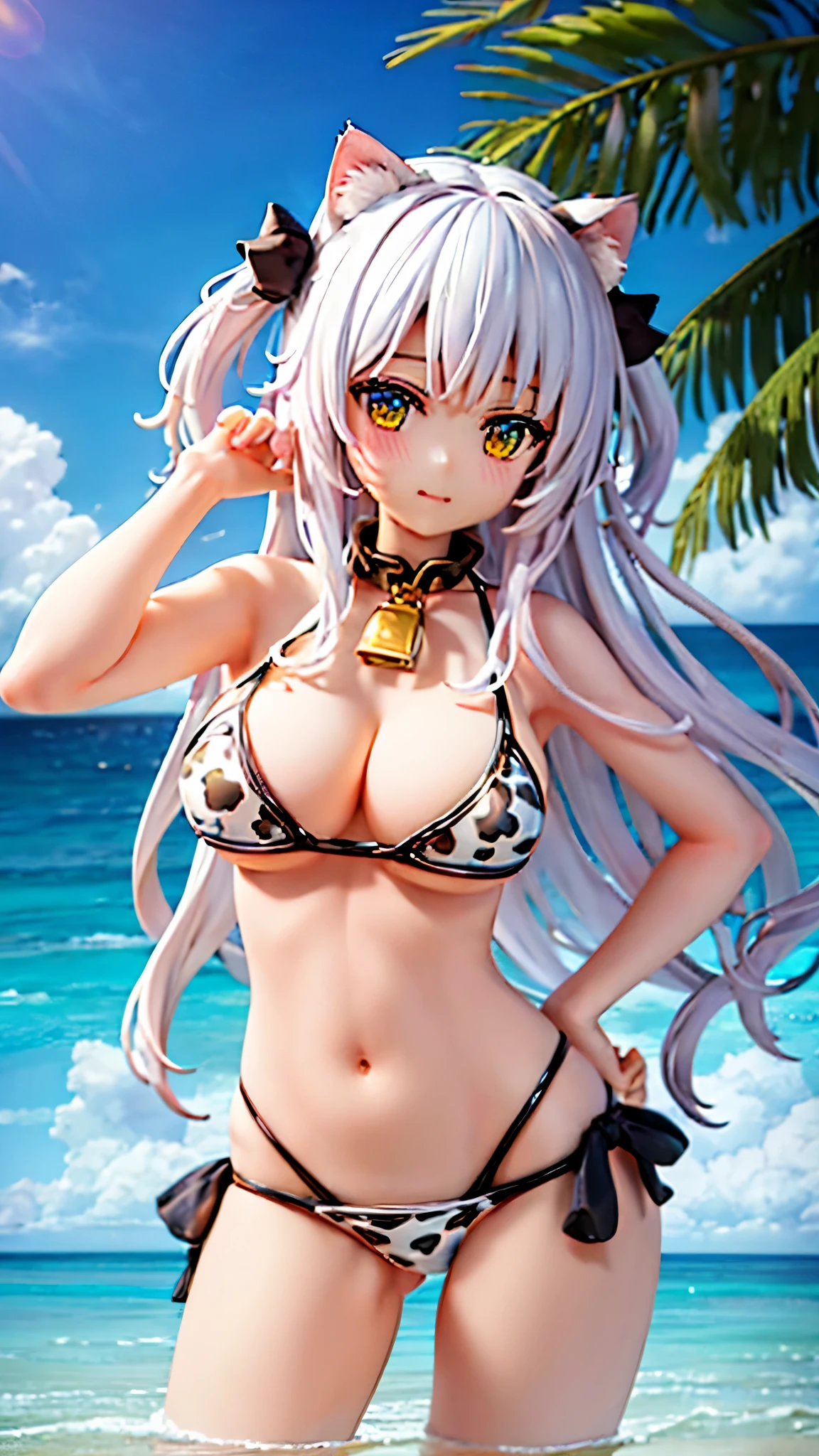 (masterpiece, highest quality:1.2), High resolution, Intricate details, Super detailed, (Highly detailed CG, unity 8k wallpaper), Clear image, (Cat ears:1.5), (Cow pattern bikini:1.3), (standing in the sea:1.2), (ARMY Equipment:1.2), (Sunshine:1.2),
Blushed face, (From below),
A stunning resort scene by the blue sea, The scene is bathed in sunlight, highlighting the crystal-clear water and sandy beaches,
