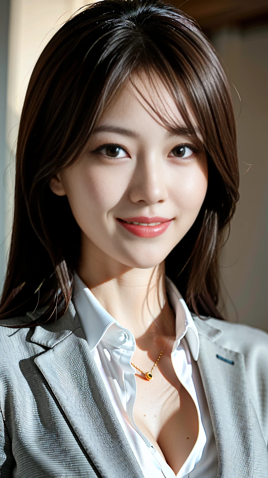 Tabletop, Highest quality, Realistic, Very detailed, finely, High resolution, 8k wallpaper, One beautiful woman,, Light brown messy hair, Wearing a business suit, Sharp focus, Perfect dynamic composition, Beautiful and detailed, Thin Hair, Detailed Realistic skin texture, smile, Close-up portrait, Model Body Type、Big Breasts、Reality