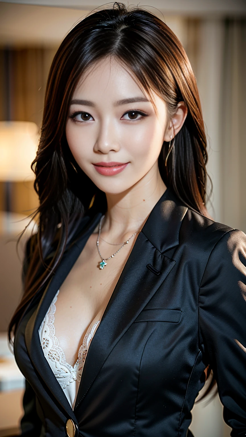 Tabletop, Highest quality, Realistic, Very detailed, finely, High resolution, 8k wallpaper, One beautiful woman,, Light brown messy hair, Wearing a business suit, Sharp focus, Perfect dynamic composition, Beautiful and detailed, Thin Hair, Detailed Realistic skin texture, smile, Close-up portrait, Model Body Type、Big Breasts、Reality
