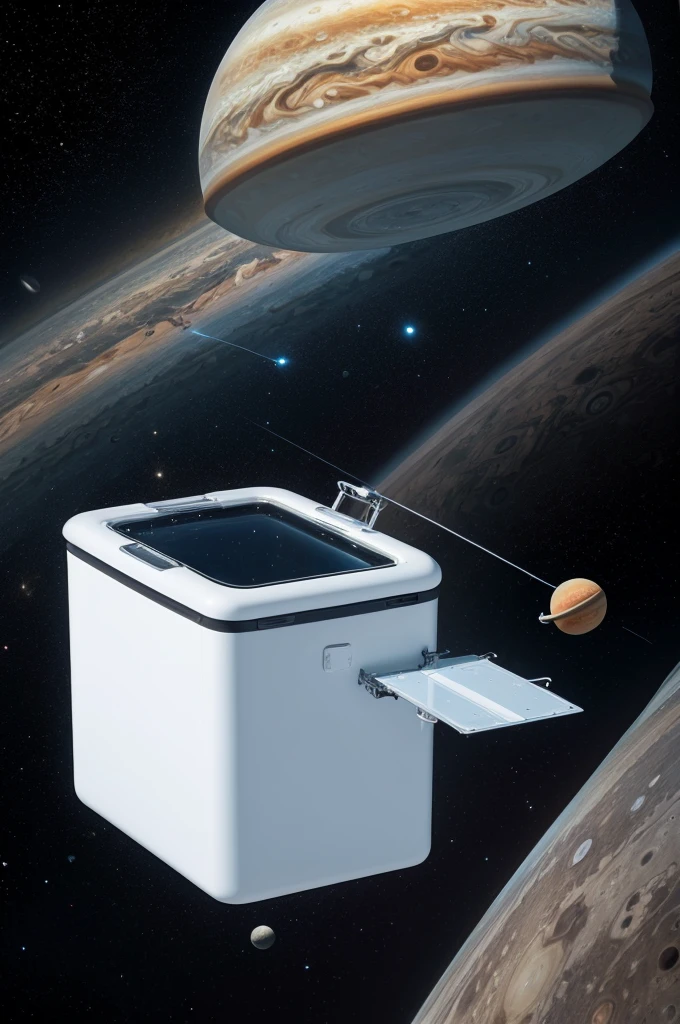 Draw a floating refrigerator in outer space near Jupiter