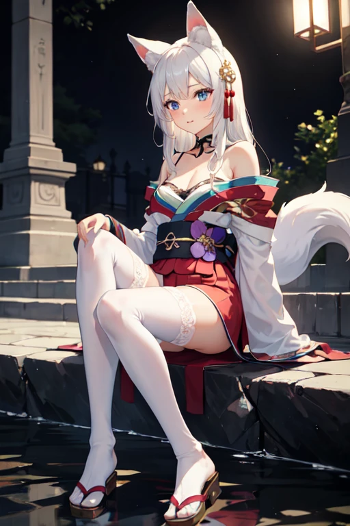 ((best quality)), ((masterpiece)), (detailed), Anime 18-year-old woman with white hair and blue eyes sitting on the square stone steps by the river bank at night, Fox tail,Fox ears,long hair ,headgear, Waist ornaments,Anime style 4k, 飘逸的翠綠色kimono,kimono,shoulder and neck straps,White(Over-the-knee lace stockings),Off-shoulder, Best anime 4K wallpapers, Anime Art Wallpaper ,Small Breasts,Muscle lines are not obvious,seductive posture,natural posture,whole body,High viewing angle