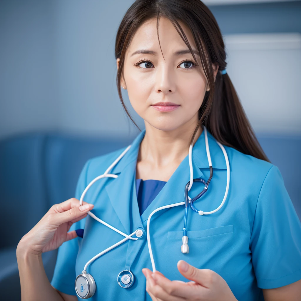 Create an image depicting a woman in a blue nurse uniform who is overly considerate of others. Show her expressing kindness and empathy, emphasizing her gentle demeanor and professional qualities through her facial expression and gestures. Set the scene in a calm background that suggests a medical environment, highlighting her compassion. Ensure the composition makes her warmth and caring nature stand out.