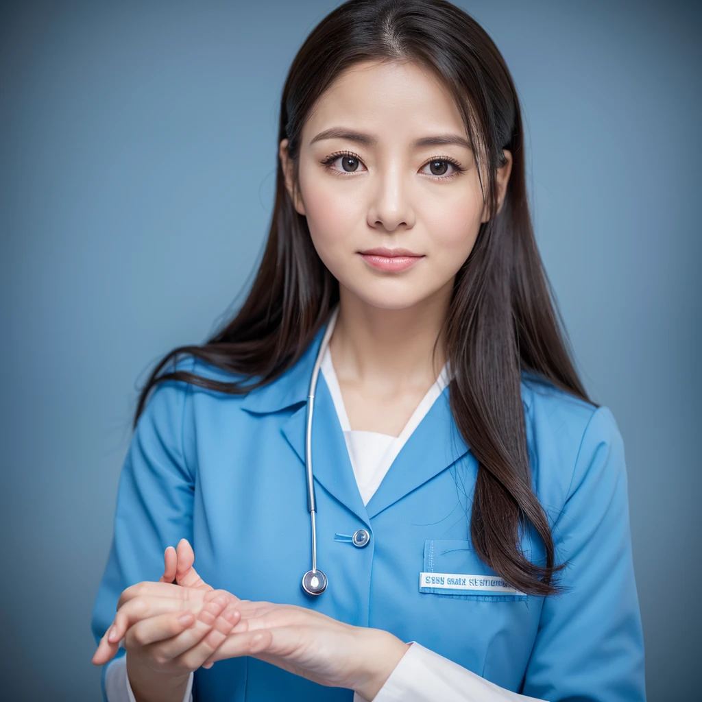 Create an image depicting a woman in a blue nurse uniform who is overly considerate of others. Show her expressing kindness and empathy, emphasizing her gentle demeanor and professional qualities through her facial expression and gestures. Set the scene in a calm background that suggests a medical environment, highlighting her compassion. Ensure the composition makes her warmth and caring nature stand out.