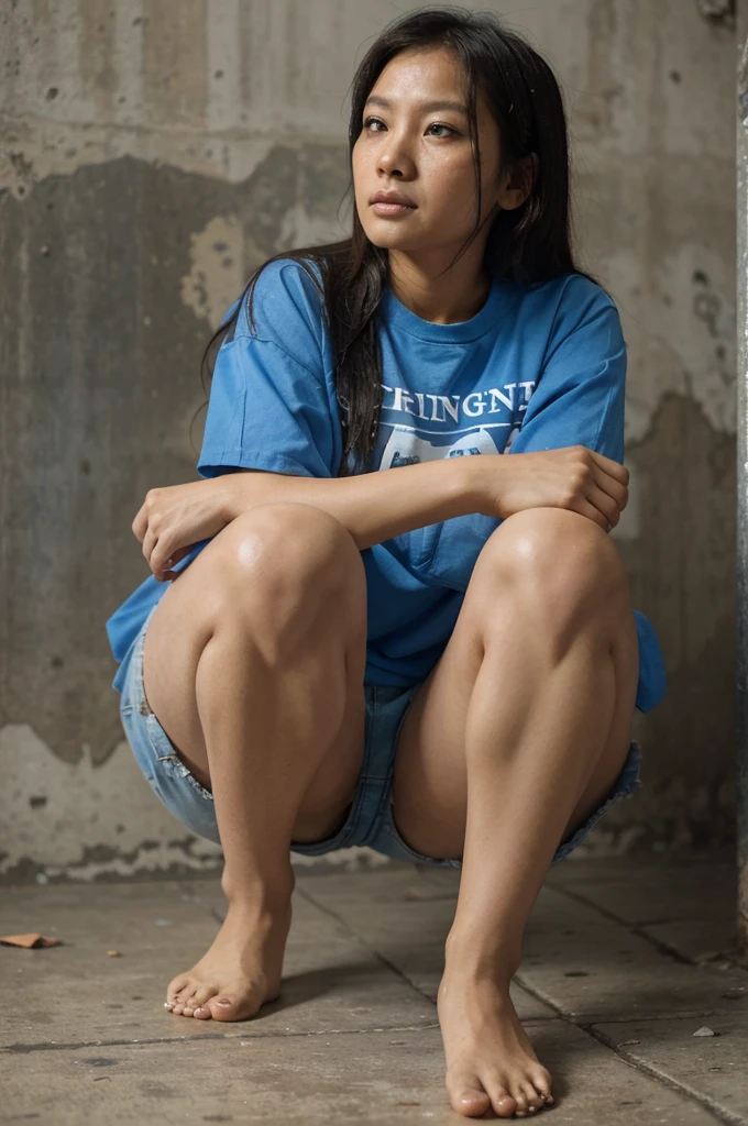 Asian women, messy hair, mascara smudged, wearing a blue shirt, shorts, Sit down, legs bent, squat. The background is a cracked wall, Beside the woman there is realistic Indonesian writing (victim of crocodile appeal).