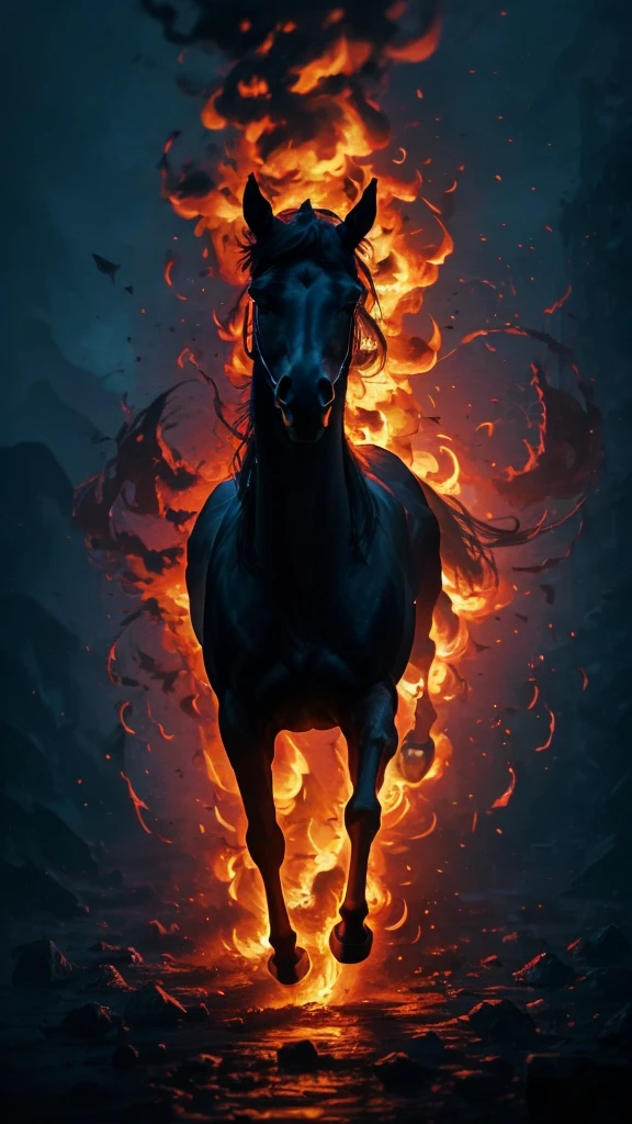 a close up of a horse with a fire mane running through the air, fire and flames mane, by Yang J, engulfed in swirling flames, 4k anime wallpaper, with red glowing eyes, amazing wallpaper, with glowing red eyes, 4 k manga wallpaper, hd anime wallaper, anime wallpaper 4k, anime wallpaper 4 k, beautiful horse