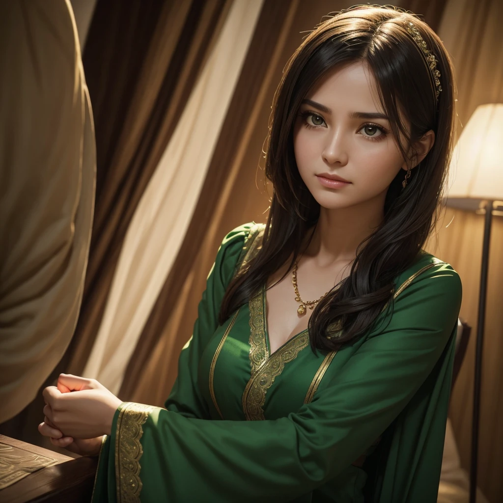 Create an image of a woman dressed in green attire, embodying the protagonist MBTI type, who is overly concerned about others. Show her in a scene where she displays excessive care and consideration towards those around her. Capture her thoughtful expressions and gestures, conveying her proactive and empathetic nature. The setting should emphasize her leadership qualities and determination, set against a backdrop that enhances her role as a central figure. Ensure the composition highlights her earnestness and compassionate demeanor.