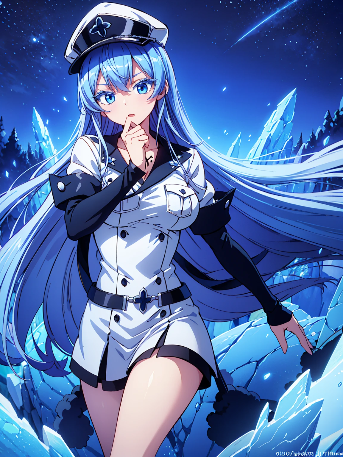 (artwork, best quality) a girl with long blue hair, blue eyes, blue eyelashes, white sailor suit with captain's hat, big breasts, perfect body, pretty eyes, good waist, tattoo, annoying, blowing cold steam, on an ice wall, ice spikes behind, at night