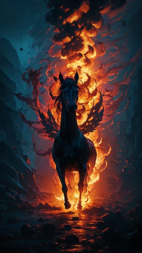 a close up of a horse with a fire mane running through the air, concept art by Yang J, pixiv, fantasy art, fire and flames mane, engulfed in swirling flames, 4k anime wallpaper, with red glowing eyes, amazing wallpaper, with glowing red eyes, 4 k manga wallpaper, hd anime wallaper, anime wallpaper 4k