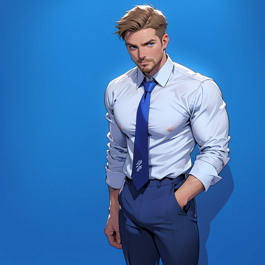 1 man, male focus solo, middle aged man,Stephen AMELL as private investigator, lean muscle,very light blue shirt, marine blue businessman suit ,( red tie) ,( big bulge), full body shot, dark blond short hair, well groomed facial hair, holding a gun with one hand ressembling jams bond, , ultra high quality, masterpiece, (clear intense splashed blue and white paint in the blackground)