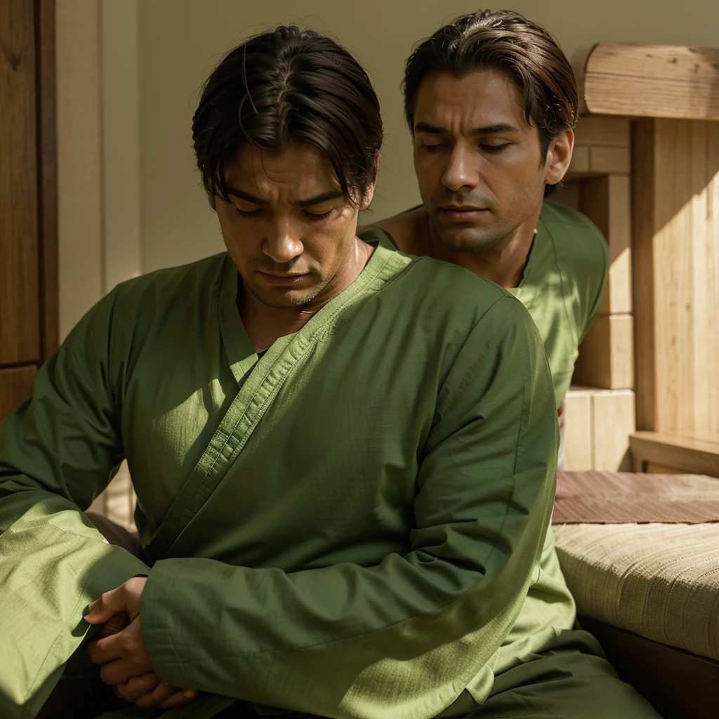 Create an image depicting a man dressed in green attire, embodying the MBTI mediator type, who is overly concerned about others. Show him in a scene where he displays excessive care and consideration towards those around him. Capture his expressions and gestures that convey his empathy and understanding. Set the scene in a tranquil, natural environment to highlight his role as a mediator. Ensure the composition emphasizes his generosity and compassionate nature.