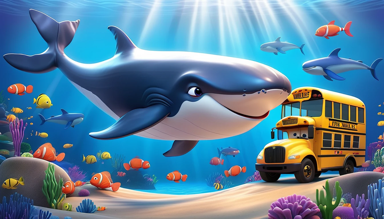 Create a 3-D Pixar style art scene for kids featuring a blue whale swimming beside three school buses for size comparison. The scene should be colorful and vibrant, with an ocean background, coral reefs, and schools of fish. The overall mood should be engaging and inviting for young children.