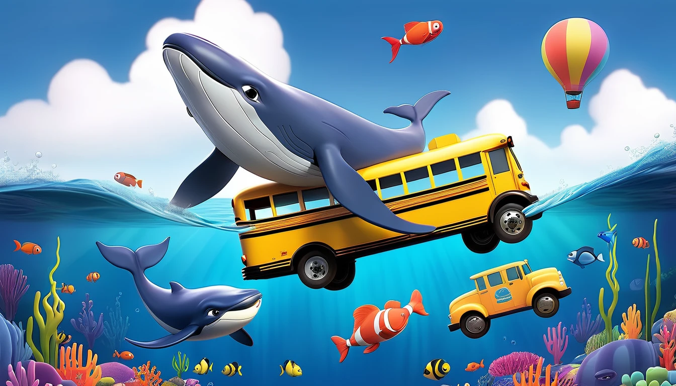 Create a 3-D Pixar style art scene for kids featuring a blue whale swimming beside three school buses for size comparison. The scene should be colorful and vibrant, with an ocean background, coral reefs, and schools of fish. The overall mood should be engaging and inviting for young children.