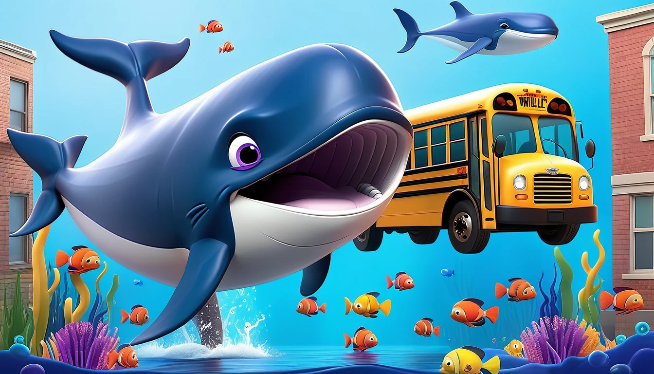 Create a 3-D Pixar style art scene for kids featuring a blue whale swimming beside three school buses for size comparison. The scene should be colorful and vibrant, with an ocean background, coral reefs, and schools of fish. The overall mood should be engaging and inviting for young children.