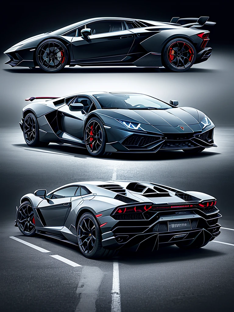 The image of the Lamborghini is black, the car lights are on, the background is a castle