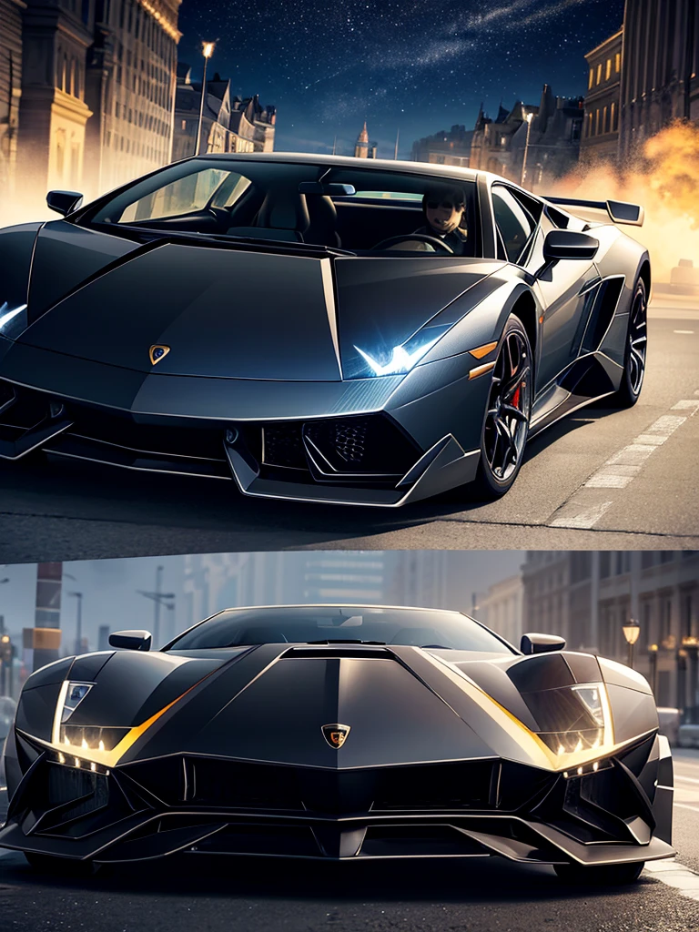 The image of the Lamborghini is black, the car lights are on, the background is a castle