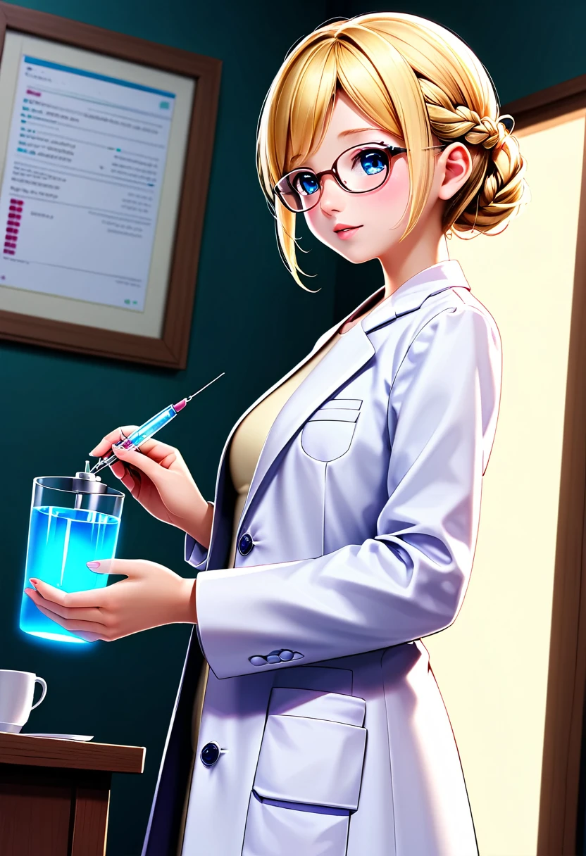 Prompt
detailed illustration, (front view), (side view),dynamic angle, ultra-detailed, illustration, clean line art, shading, anime, detailed eyes, detailed face, beautiful face, dramatic lighting, detailed illustration, dynamic angle, ultra-detailed, illustration, single woman, masterpiece, masterwork, beautiful,
Thin, willowy, lithe, a cup breasts, narrow hips, creamy white skin, pale skin tone, blonde hair in a french braid, lab coat, glasses, professional, shy, quiet, mousy, conservatively dressed, puritanical, holding needle full of glowing liquid, submissive and breedable, young, youthful, 18 years old,