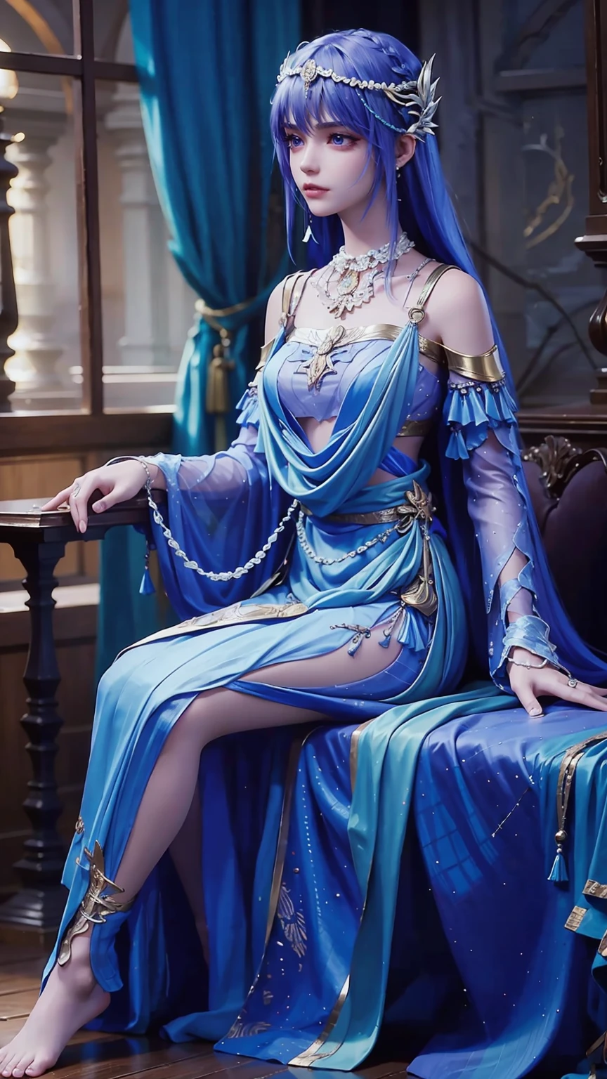A beautiful young woman,Long hair,Wearing pajamas,Sitting on the bed,barefoot,Wearing a dress,Side-lying,Cross-legged,Full body shot,(Best picture quality,4K,8K,high-definition,excellent work:1.2),Ultra Detail,(Realistic,Realistic,Realistic:1.37),Delicate eyes,Delicate lips,Extremely detailed face and eyes,Long eyelashes,Natural light,Warm colors,Soft Focus,portrait,Chiaroscuro,Deep scene,Jade Hands,Clear fingers
