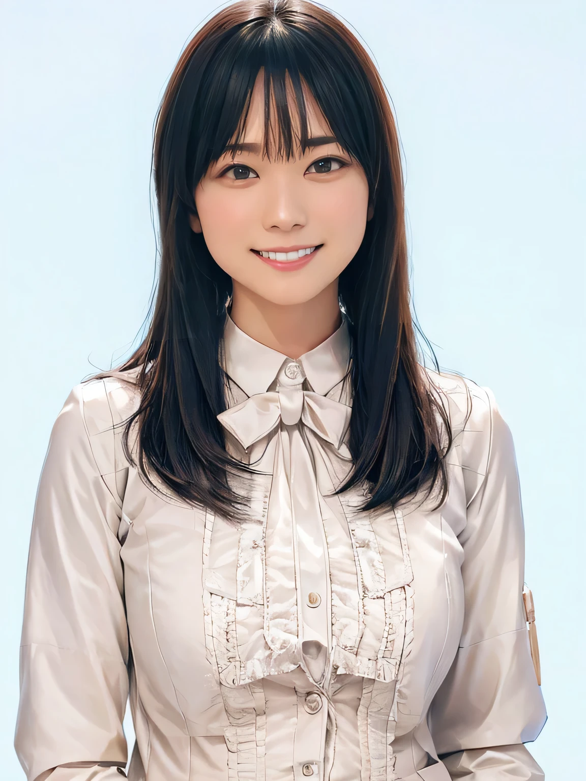 raw photo, 1girl, cute face, beautiful face, medium breast, White blouse, light smile, Upper body, detailed skin, pore, simple background, frontal face, wallpaper, photorealistic, anatomically correct, masterpiece, best quality, UHD