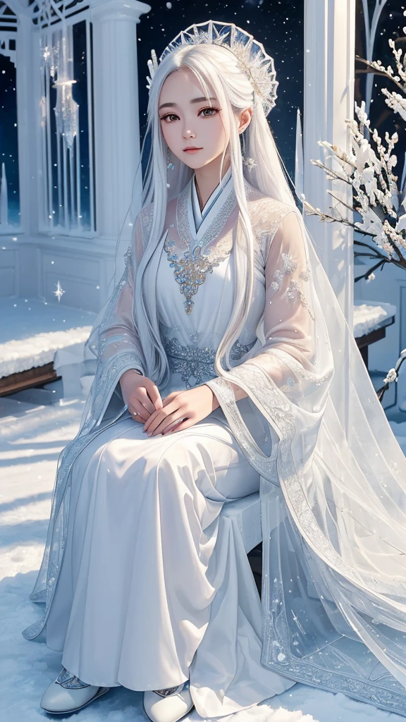 ((high quality, movie quality, top quality, extreme details, masterpiece details)), 20 year old oriental beauty, With long white hair shawl, Moving eyes, Wearing white long sleeves, In the ice and snow garden, in the pavilion, seated person playing (Ice Crystal Moon Shadow Pipa)
