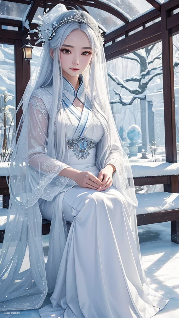 ((high quality, movie quality, top quality, extreme details, masterpiece details)), 20 year old oriental beauty, With long white hair shawl, Moving eyes, Wearing white long sleeves, In the ice and snow garden, in the pavilion, seated person playing (Ice Crystal Moon Shadow Pipa)