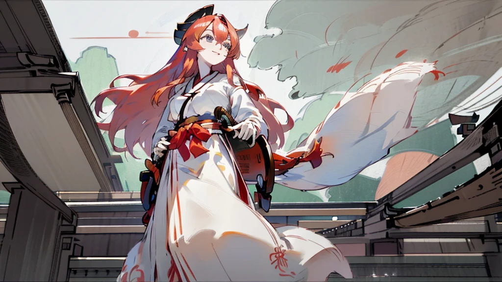 intricate detailed,realistic,from below,
1girl,23yo,blue eyes, wearing red glasses,strawberry blonde hair,long hair, (white skin),big smile,large breasts,
miko,Chihaya,red hakama,holding kagura bell,
Precincts of the shrine,red torii,looking away,looking up,
