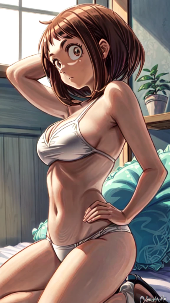 [ochako uraraka], [Boku no hero academia], ((masterpiece)), ((HD)), ((high quality)), ((solo portrait)), ((side view)), ((upper body)), ((anime)), ((Kohei Horikoshi)), ((detailed shading)), ((cel shading)), ((intricate details)), {ochako, (rosy cheeks), (big round brown eyes), short brown hair, short eyelashes, massive breasts , (gorgeous hips), (beautiful legs), (expressionless), (calm)}, {(white bikini top), (visible feet), (platform high heels), (black bikini bottom)}, {(on bed), (laying in bed), (head on pillow), (hands behind head), (looking at viewer)}, [Background; (bedroom), (sun rays)]