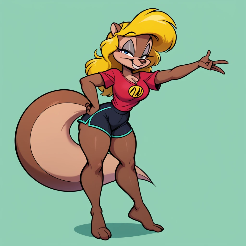 Amy the squirrel from Eric schwartzs cartoons, wearing black swimming shorts, yellow girl hair, red one piece swimsuit, sitting down with crossed legs, has thick thighs, smug expression, high quality, crisp, 1girl, in the Dan Hassket animation aesthetic,