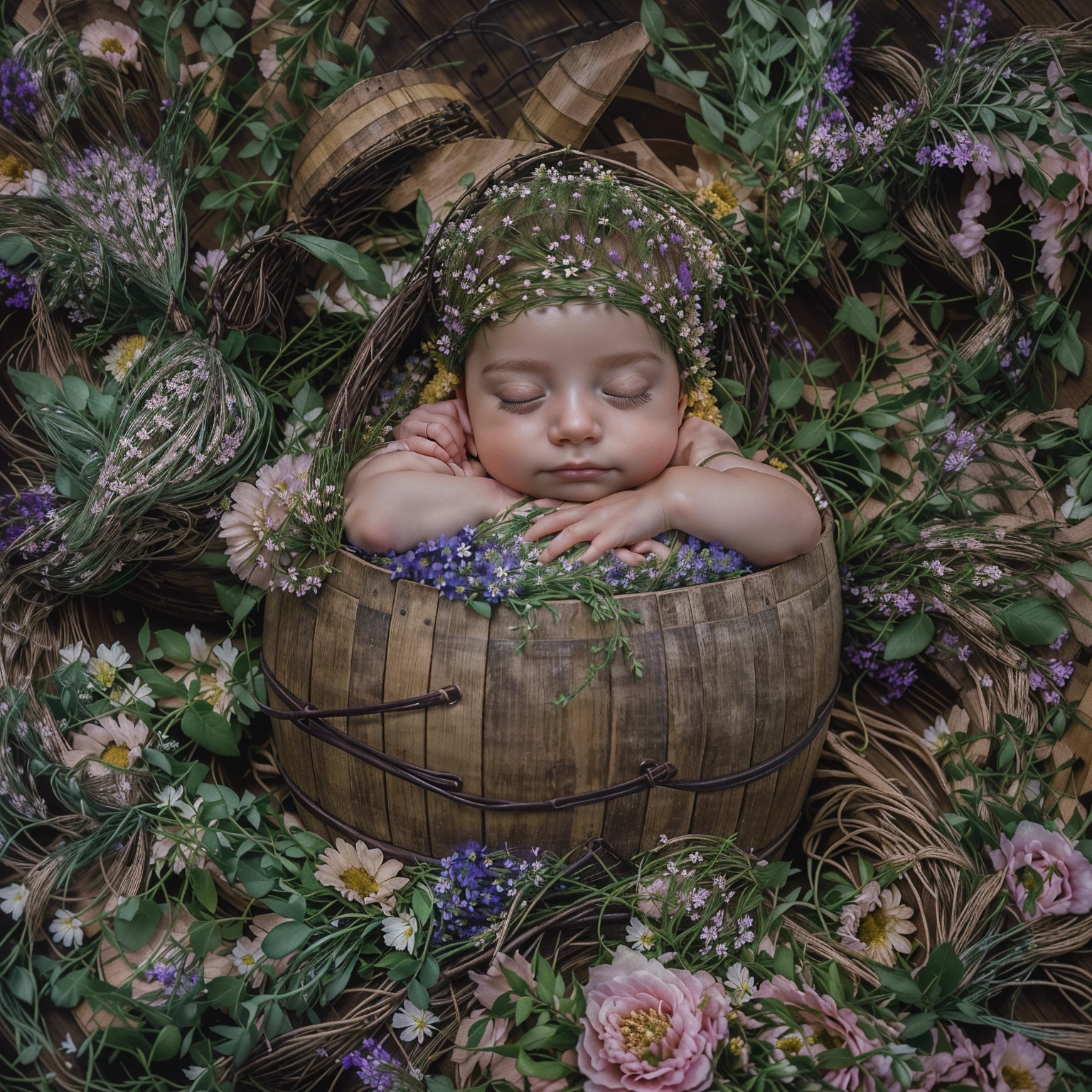 there is a sleeping in a wooden barrel surrounded by flowers, inspired by Anne Geddes, wrapped in flowers, adorned with all kind of plants, dreamy and detailed, covered in plants, maternal photography 4 k, anna nikonova, photo of a beautiful, wrapped in cables and flowers, photo taken with nikon d750