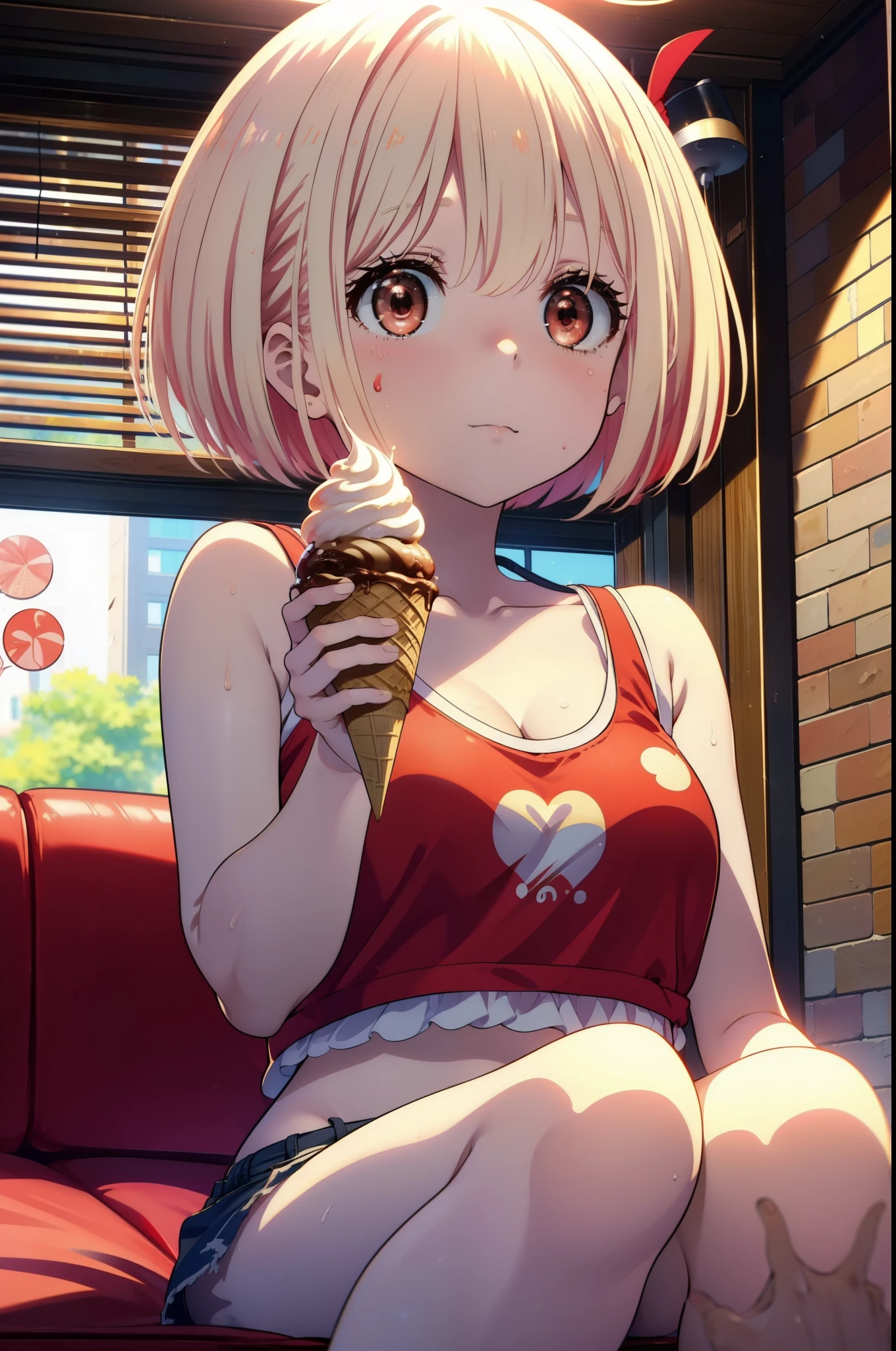  Chisato Nishikigi, short hair, bangs, Blonde, (Red eyes:1.5), Bobcut,smile,Open your mouth,Sweat,Red Tank Top,Red string underwear,barefoot,barefoot,Sitting on the sofa,Holding an ice cream in one hand,Eating ice cream,Daytime,True Summer,whole bodyがイラストに入るように,
break outdoors,room,
break looking at viewer, whole body,
break (masterpiece:1.2), Highest quality, High resolution, unity 8k wallpaper, (figure:0.8), (Beautiful attention to detail:1.6), Highly detailed face, Perfect lighting, Highly detailed CG, (Perfect hands, Perfect Anatomy),