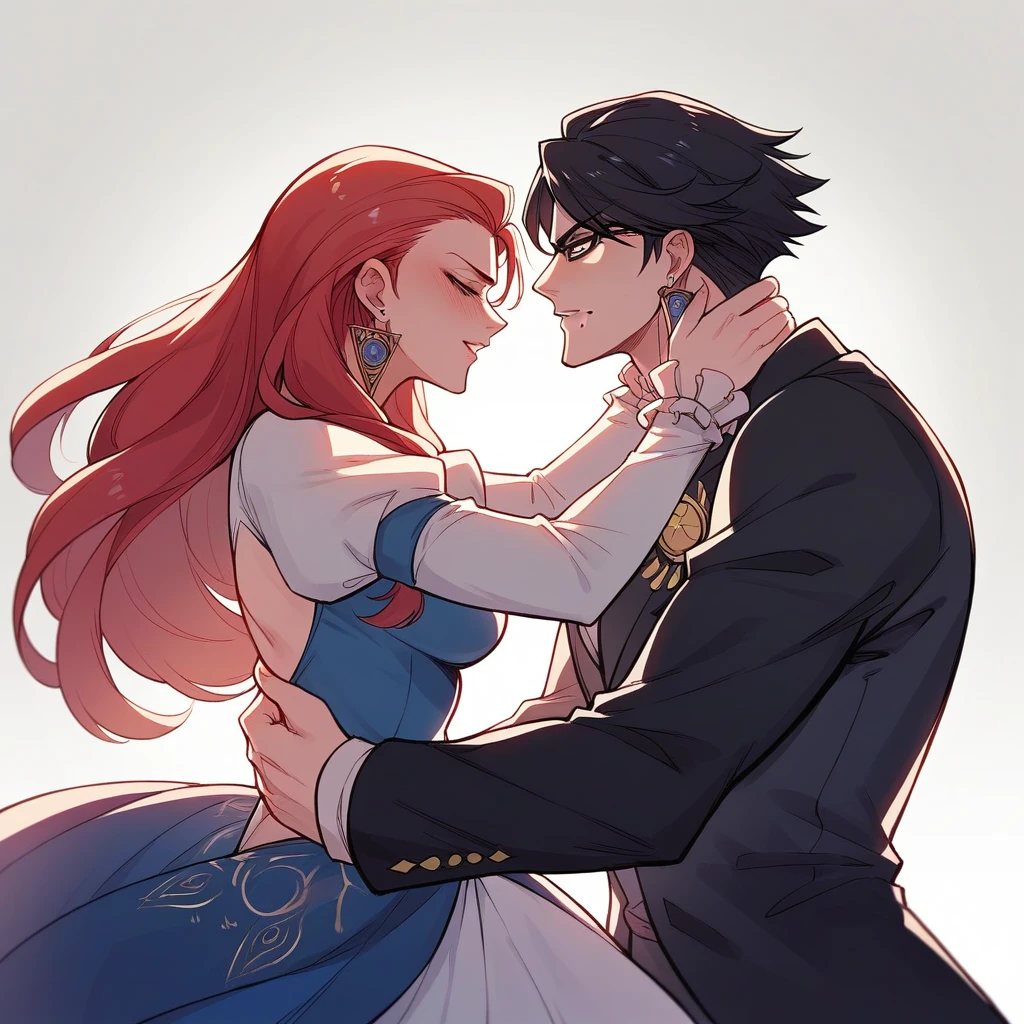 The image features a silhouette of a couple embracing, with the moonlight in the background. The intertwined shadows symbolize the passion and deep connection between lovers. The dark blue tone and subtle details evoke the sensuality and mystery of the night."bayonetta character, Athena is a vigorous and angelic red-haired woman who is extremely obscene and vulgar: rebellion and lust" extravagant and depraved BDSM style. Strong and virile black man