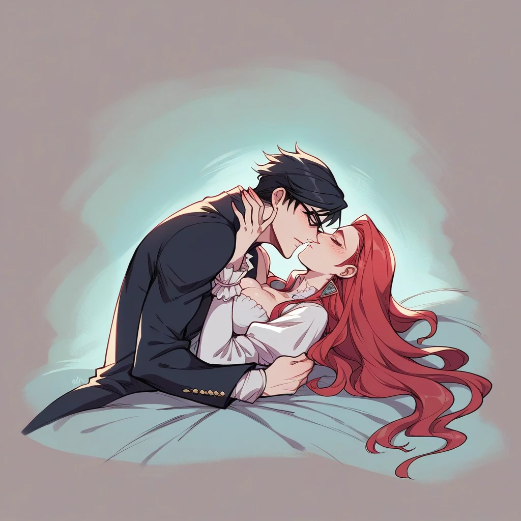 The image features a silhouette of a couple embracing, with the moonlight in the background. The intertwined shadows symbolize the passion and deep connection between lovers. The dark blue tone and subtle details evoke the sensuality and mystery of the night."bayonetta character, Athena is a vigorous and angelic red-haired woman who is extremely obscene and vulgar: rebellion and lust" extravagant and depraved BDSM style. Strong and virile black man