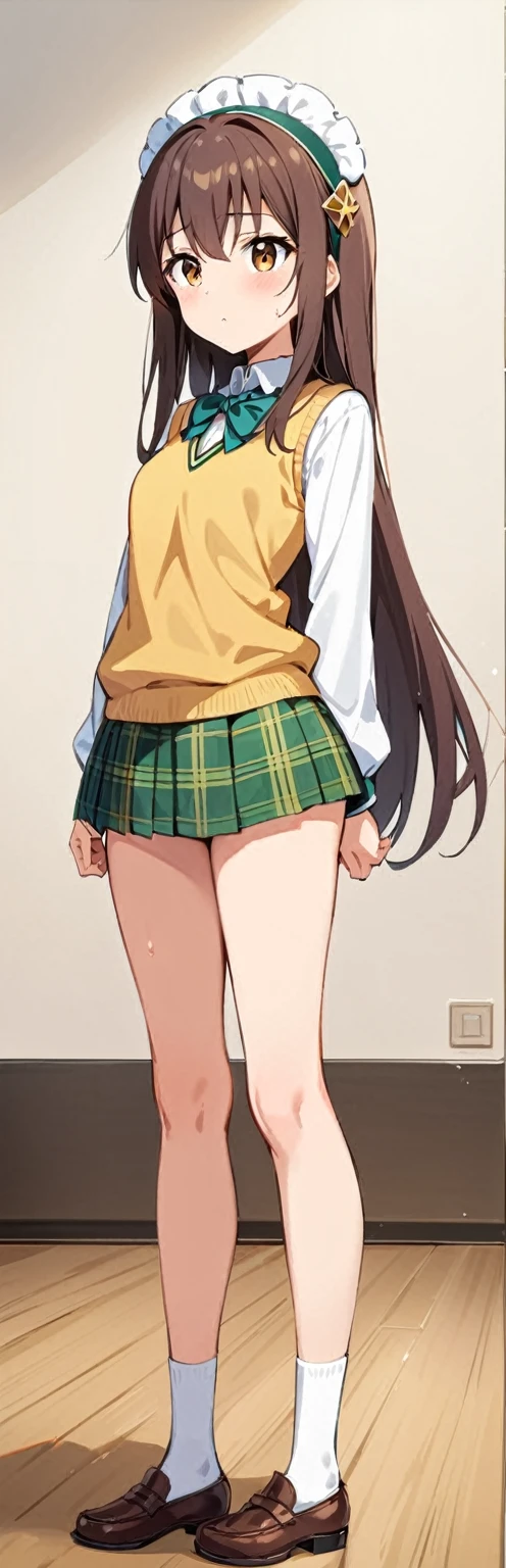 (masterpiece, best quality:1.2), 1 woman, alone,standing_divided,
Yuki Mikan, brown eyes, brown hair, headdress,long hair,green plaid skirt, Sainan High School , , white shirt, Yellow sweater vest,no panties