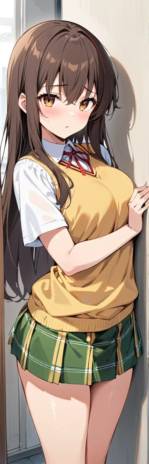 (masterpiece, best quality:1.2), 1 woman, alone,standing_divided,
Yuki Mikan, brown eyes, brown hair, headdress,long hair,green plaid skirt, Sainan High School , , white shirt, Yellow sweater vest,no panties
