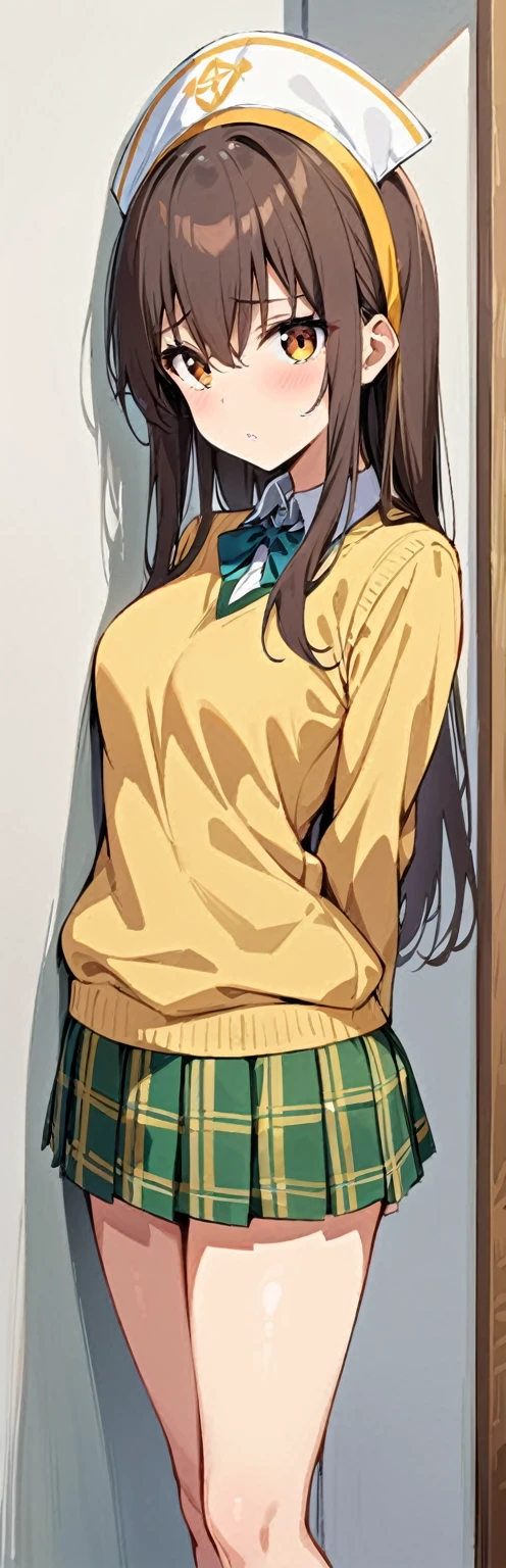 (work of art, best qualityer:1.2), 1 girl, standing alone,standing_to divide, 
Mikan Yuuki, eyes browns, chestnut hair, hair ornament,long hair,green plaid skirt, Sainan , , white  shirt, yellow vest,witheout panties,new,Unclothed

