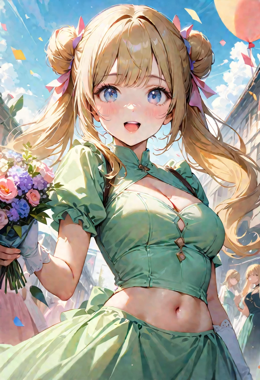 30 years old,1 girl,hyperrealistic, 8k, (extremely detailed 8k), (very delicate and beautiful), (masterpiece), (better quality:1.0), (ultra high resolution:1.0), (masterpiece, best quality), cute,blonde,cleavage cutout,(broen dress:1.3),(crop top navel:1),gleaming skin,twintails,twin bun,a pink ribbon on the head,long hair,pastel green frill Chinese-made dress,white long gloves,hold a bouquet of flowers,face and body straight at the camera,a bunch of flowers,POV,bust shot,white frill,puffy sleeves,birthday party,laugh with open mouth,tareme,sky blue eyes
