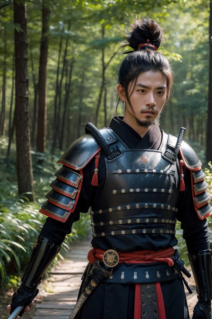 Japanese samurai in armor，without helmet，With a katana，Background ...