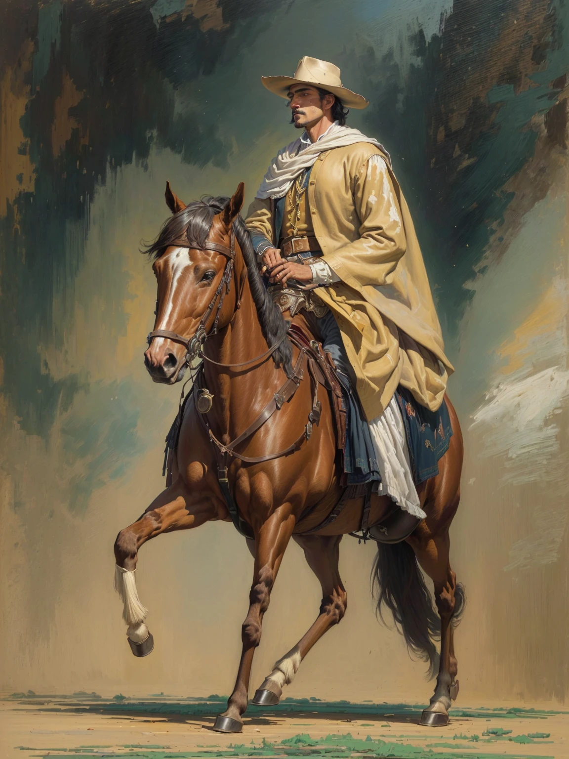 painting of a man riding a horse with a hat on, western painting, mexican cowboy, western art, inspirado em John Frederick Herring, Mr.., master oil painting, cowboy, fine art oil painting, inspired by Wenzel Lorenz Reiner, inspired by Agustín Fernández, painting oil on canvas, inspired by Benjamin West, oil painting
