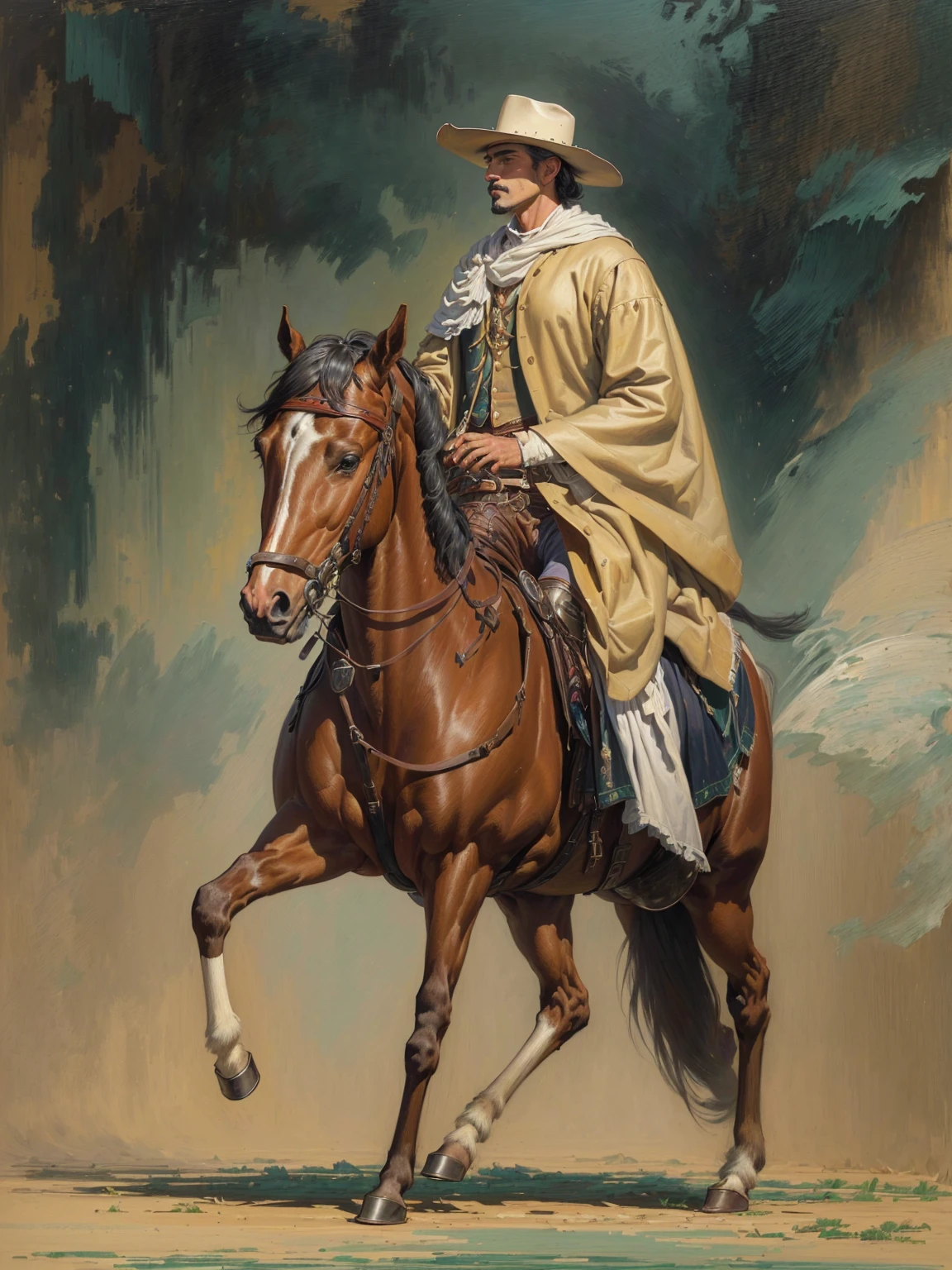 painting of a man riding a horse with a hat on, western painting, mexican cowboy, western art, inspirado em John Frederick Herring, Mr.., master oil painting, cowboy, fine art oil painting, inspired by Wenzel Lorenz Reiner, inspired by Agustín Fernández, painting oil on canvas, inspired by Benjamin West, oil painting