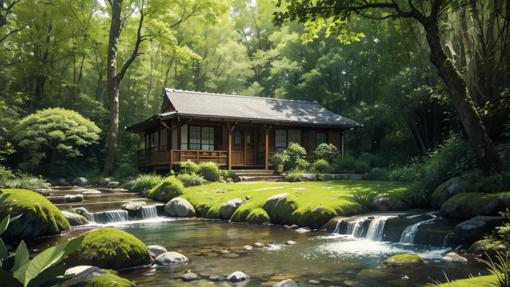 Imagine a peaceful forest at dawn. The open window in Sakura Chihiro's room offers a serene view of a vast forest. Tall, ancient trees stand majestically, their green leaves creating a canopy that gently filters the light of the rising sun. Sun rays penetrate through the leaves, creating patterns of light and shadow on the forest floor.

On the ground, a carpet of green moss covers the exposed roots of the trees and small plants bloom in profusion. Shrubs and wildflowers punctuate the vegetation, their bright colors contrasting with the predominant green. The soft sound of the wind whispering through the leaves and the melodious song of birds complete the tranquility of the setting.

To the right, a small stream meanders through the forest, its crystal clear waters flowing gently over rocks and gravel, creating a calming sound. The stream is lined with ferns and aquatic flowers that sway gently with the current. Small wooden bridges cross the stream in some spots, connecting winding trails that invite exploration.

Further down, a small clearing opens up, bathed in golden sunlight. In the center of the clearing, a majestic oak stands, its exposed roots forming a small natural shelter. Below the tree, a collection of smooth, mossy rocks form a perfect place to sit and contemplate nature.

On the horizon, forest-covered mountains rise, their peaks covered in a light morning mist that slowly dissipates with the arrival of the sun. The sky is a gradient of soft blue to pale orange, with a few white clouds floating lazily.