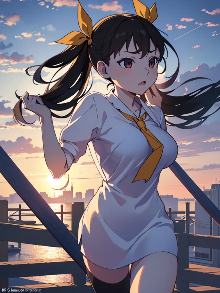 City background, detailed background, hachikuji mayoi,  , dynamic pose, >_<, breast , Masterpiece ,ultra-detailed, high-definition, 8K resolution, highres, 