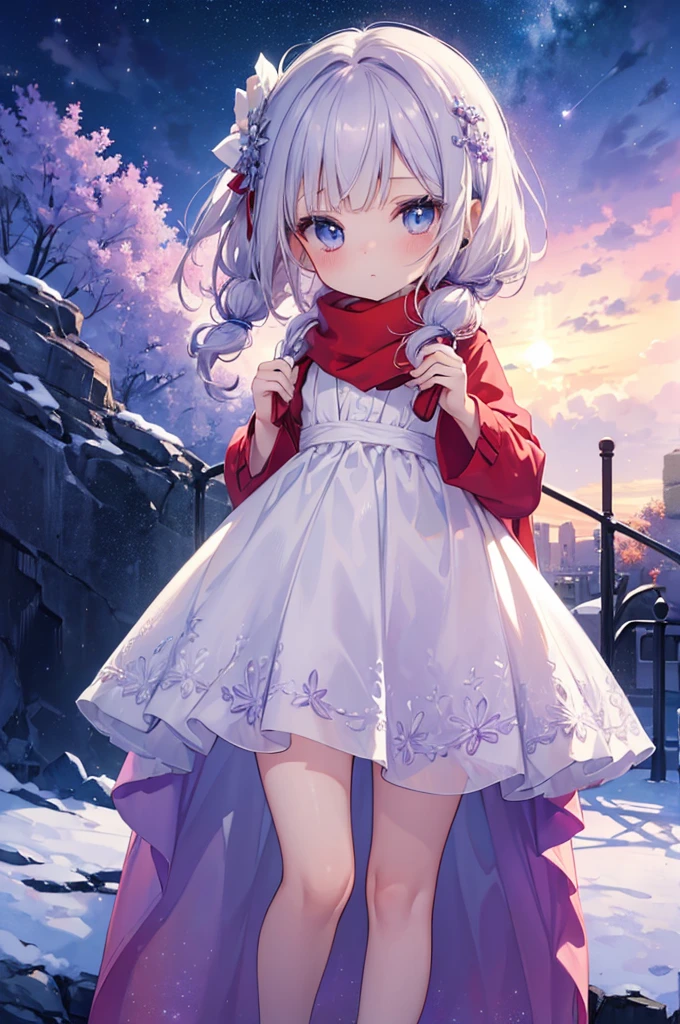 (((masterpiece))), (((best quality))),(((high detail))),light manipulation, girl with silver hair, gradient purple to sky blue eyes, wearing a white dress, a red scarf, (((loli))), (((child))) , galaxy background, holding a teddy bear, feet, no footwear