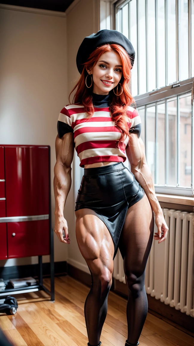 (Muscular:2.5), (thick thighs:2.4),
french female, (red hair, pale skin:1.4), (big smile:1.8), short hair,
(eyeshadow, lipstick, red lips, hoop earrings:1.3)
(neck bandana:1.5), (black and white clothing), (frenchgirlstyle, blue striped pullover, horizontal stripes:1.5), (beret:1.3), (pencil skirt, skirt slit:1.8), (pantyhose:1.4), (stiletto heels:1.7),
looking at viewer, (three quarter view:1.3), (from above), (full body view), standing,
(dark bedroom), rim lighting, detailed skin, detailed eyes, two tone lighting, bokeh