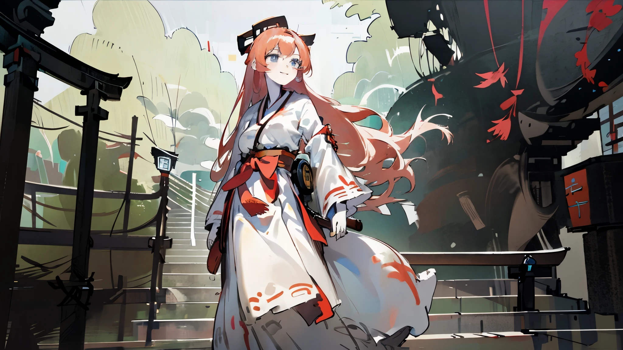 intricate detailed,realistic,from below,
1girl,23yo,blue eyes, wearing red glasses,strawberry blonde hair,long hair, (white skin),big smile,large breasts,
miko,Chihaya,red hakama,holding kagura bell,
Precincts of the shrine,red torii,looking away,looking up,
