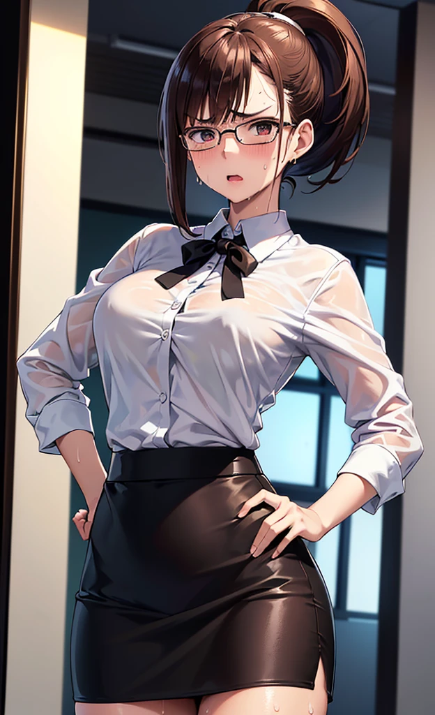 masterpiece, best quality, ultra detailed, ultra high resolution, very detailed face, solo, ((raw photo)), 22 years old japanese woman, (((office lady, white blouse))), (((black tight skirt))), glasses, ((brown bob hair, ponytail)), (((medium breast))), ((little angry)), ((sweat:1.3)), ((hands on the hip)), in the night room
