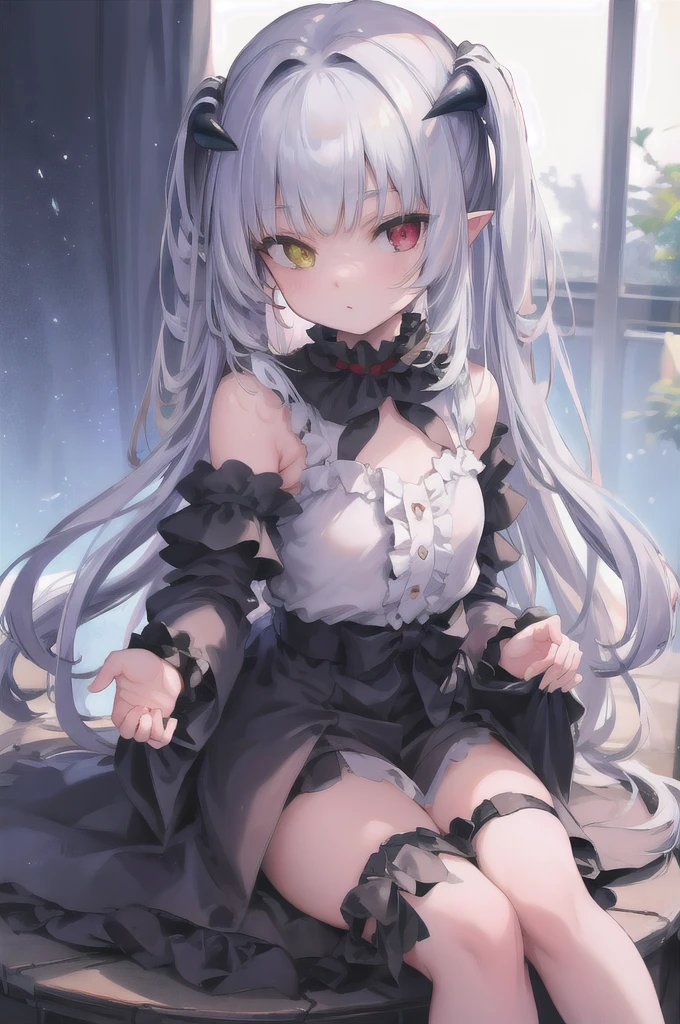 masterpiece, best quality, ultra-detailed, glistening shiny, glowing light, ray tracing, HDR, deph of field, (perfect face, detailed face),  chloelilith, demon girl, pointy ears, demon horns, two side up, long hair,heterochromia, flat chest, black dress, white shirt, frills, frilled collar, bare shoulers, detached sleeves, black bow, sitting, feet, nude