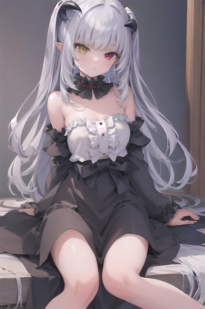 masterpiece, best quality, ultra-detailed, glistening shiny, glowing light, ray tracing, HDR, deph of field, (perfect face, detailed face), chloelilith, demon girl, pointy ears, demon horns, two side up, long hair,heterochromia, flat chest, black dress, white shirt, frills, frilled collar, bare shoulers, detached sleeves, black bow, sitting, feet, nude