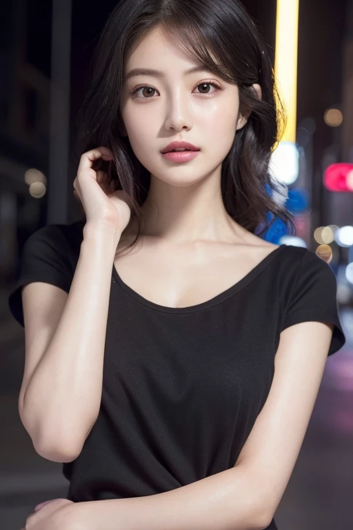 Random Pause, Mix 4, (8K, Original photo, Highest quality, masterpiece: 1.45), (Actual, Vibrant: 1.37), Skinny Japanese woman, One girl, Charm, City view, night, rain, Wet, Professional Lighting, Photon Mapping, Radio City, Physically Based Rendering, Gradient black hair, Short Curly Hair, good looking, girl, T-Shirts, High resolution, 1080P, (Beautiful face), (Detailed facial depiction), (Detailed description of the hands), (Detailed CG), Extreme light and shadow, Messy Hair, Lots of details, (exquisite features), (Highest quality photos), (Beautiful Eyes), Look in front of you, Thin clavicle,