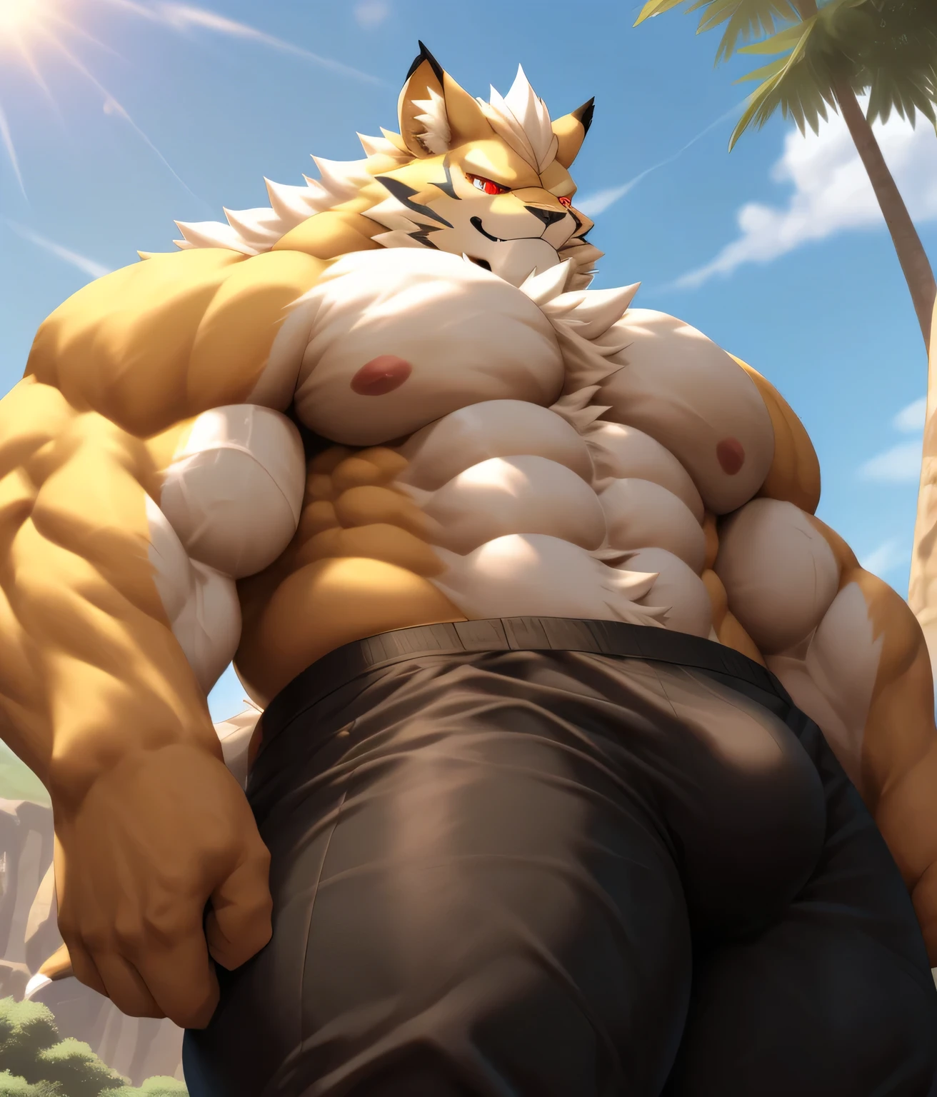 PRO competitive bodybuilder, nj5furry, (Leomon, , massive, huge, muscular, Gigachad), Leomon, YOUNG FACE, TEEN, ((extry realistic shadows, masterpiece, extremely detailed, photorealistic)), kemono, looking at the viewer, ((FRONT)), murderous look, Leomon, ((detailed face)) nose, red eyes, ((detailed eyes. RED EYES.)), skin, fur, hair, mane, height 3 meters high, the optimal height, tight clothing, 300 lbs, body full of huge muscles; muscle and bulge pecs, huge pecs, ((massive pectorals)) ((huge pectorals)) very voluminous and prominent pectorals, ripped abs, V-shaped body, thick waist, long legs, strong arms manly, handsome face, attractive cool calm face type with a mischievous smile, topless. rRuined temple of the gods, day, sun, sunrays, clouds, birds. Reveals huge, muscular thighs, bulging biceps. A muscular bodybuilder in the making. A potential PRO competitive bodybuilder and bulging neck. Huge muscular thighs, round buttocks and round butt, voluminous buttocks ((Back)). Close up Look, look up view. He wears loose black pants and a dark gray fabric belt. (((very voluminous and prominent pectorals, voluminous chest)))