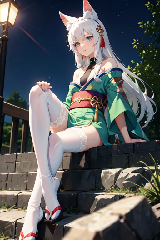 ((best quality)), ((masterpiece)), (detailed), Anime 18-year-old woman with white hair and blue eyes sitting on the square stone steps on the bank of the mountain river at night, Fox tail,Fox ears,long hair ,headgear, Waist ornaments,Anime style 4k, Elegant emerald green kimono,Kimono covers the upper thighs,shoulder and neck straps,White(Over-the-knee lace stockings),Off-shoulder, Best anime 4K wallpapers, Anime Art Wallpaper ,Small Breasts,Muscle lines are not obvious,seductive posture,natural posture,whole body,High viewing angle