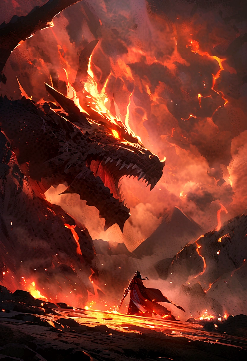 Face off of lightning dragon vs fire dragon in a volcanic surround